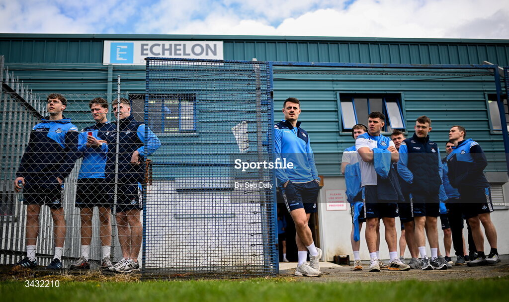 19 April 2026; Brian Howard of Dublin, centre, and teammates before the Leinster GAA Football Senior Championship quarter-final match between Wicklow and Dublin at Echelon Park in Aughrim in Wicklow. Photo by Seb Daly/Sportsfile