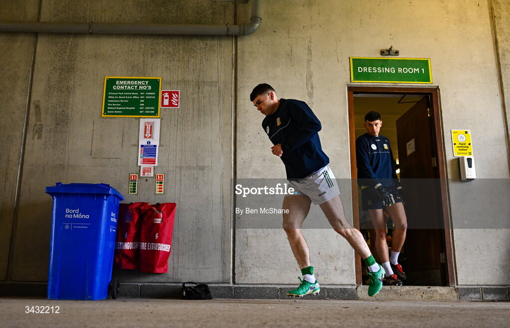 19 April 2026; Meath captain Eoghan Frayne leads his side out of the dressing room before the Leinster GAA Football Senior Championship quarter-final match between Meath and Westmeath at Glenisk O'Connor Park in Tullamore, Offaly. Photo by Ben McShane/Sportsfile