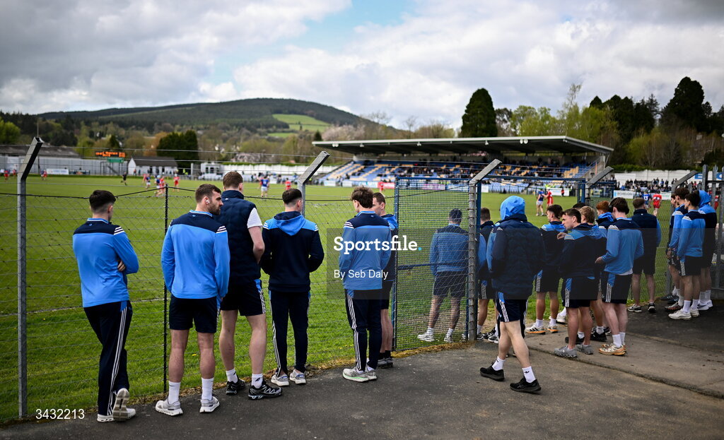 19 April 2026; Dublin players watch the Christy Ring round one match between Wicklow and Derry before the Leinster GAA Football Senior Championship quarter-final match between Wicklow and Dublin at Echelon Park in Aughrim in Wicklow. Photo by Seb Daly/Sportsfile