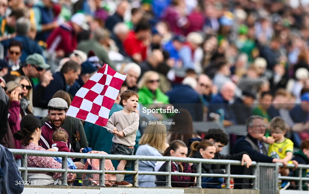 19 April 2026; Westmeath supporter Odhrán Glennon, age 2, from Mullingar, shows his support before the Leinster GAA Football Senior Championship quarter-final match between Meath and Westmeath at Glenisk O'Connor Park in Tullamore, Offaly. Photo by Ben McShane/Sportsfile