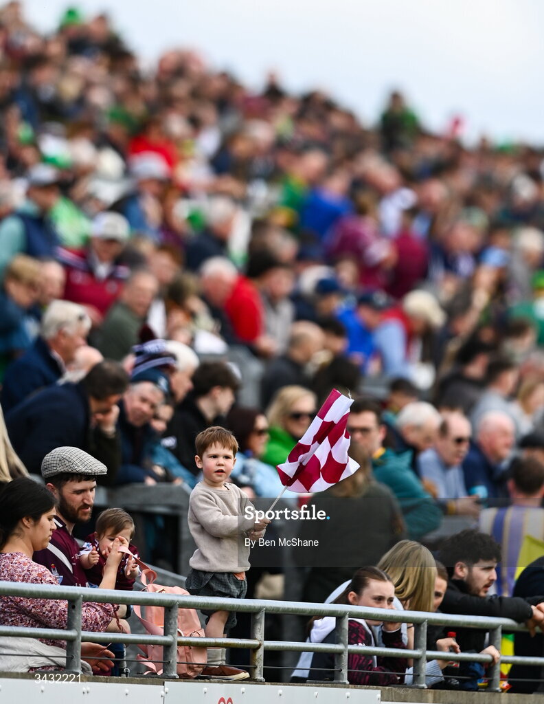 19 April 2026; Westmeath supporter Odhrán Glennon, age 2, from Mullingar, shows his support before the Leinster GAA Football Senior Championship quarter-final match between Meath and Westmeath at Glenisk O'Connor Park in Tullamore, Offaly. Photo by Ben McShane/Sportsfile