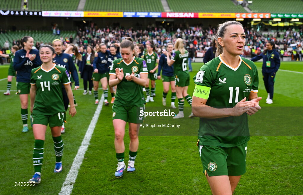 18 April 2026; Katie McCabe of Republic of Ireland acknowledges her side's supporters after the 2027 FIFA Women’s World Cup Qualifier match between Republic of Ireland and Poland at the Aviva Stadium in Dublin. Photo by Stephen McCarthy/Sportsfile