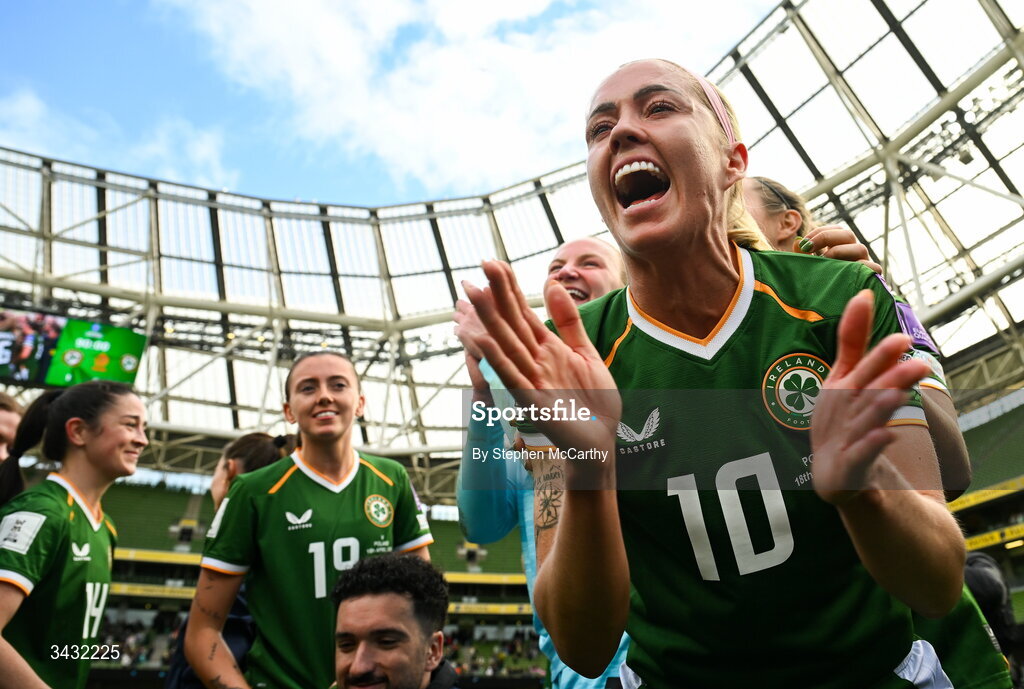 18 April 2026; Denise O’Sullivan of Republic of Ireland celebrates after the 2027 FIFA Women’s World Cup Qualifier match between Republic of Ireland and Poland at the Aviva Stadium in Dublin. Photo by Stephen McCarthy/Sportsfile