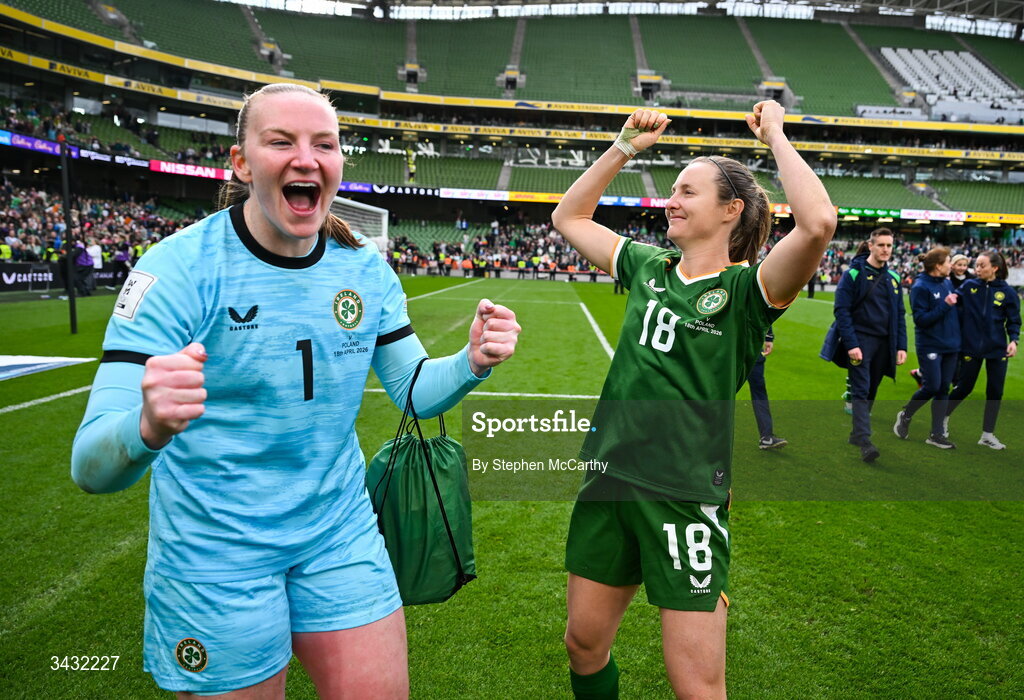 18 April 2026; Republic of Ireland's Kyra Carusa, right, and goalkeeper Courtney Brosnan celebrate after the 2027 FIFA Women’s World Cup Qualifier match between Republic of Ireland and Poland at the Aviva Stadium in Dublin. Photo by Stephen McCarthy/Sportsfile
