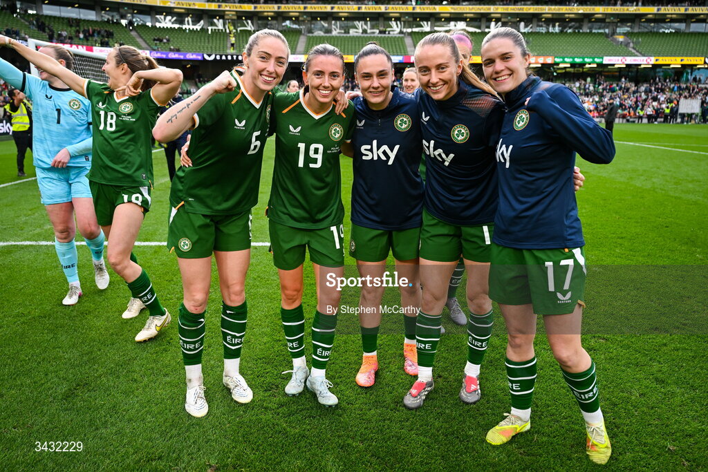 18 April 2026; Republic of Ireland players, from left, Megan Connolly, Abbie Larkin, Jess Ziu, Aoibheann Clancy and Jamie Finn celebrate after the 2027 FIFA Women’s World Cup Qualifier match between Republic of Ireland and Poland at the Aviva Stadium in Dublin. Photo by Stephen McCarthy/Sportsfile