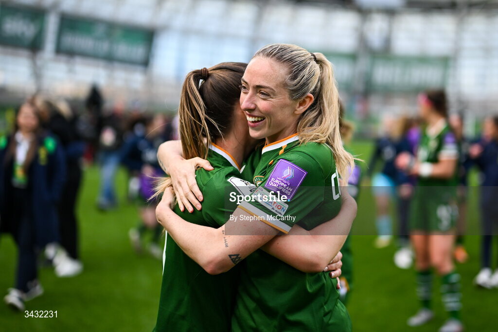 18 April 2026; Republic of Ireland's Megan Connolly, right, and Chloe Mustaki after the 2027 FIFA Women’s World Cup Qualifier match between Republic of Ireland and Poland at the Aviva Stadium in Dublin. Photo by Stephen McCarthy/Sportsfile