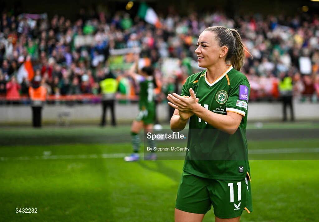 18 April 2026; Katie McCabe of Republic of Ireland acknowledges her side's supporters after the 2027 FIFA Women’s World Cup Qualifier match between Republic of Ireland and Poland at the Aviva Stadium in Dublin. Photo by Stephen McCarthy/Sportsfile