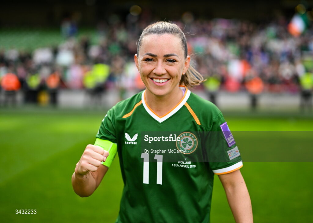 18 April 2026; Katie McCabe of Republic of Ireland celebrates after the 2027 FIFA Women’s World Cup Qualifier match between Republic of Ireland and Poland at the Aviva Stadium in Dublin. Photo by Stephen McCarthy/Sportsfile