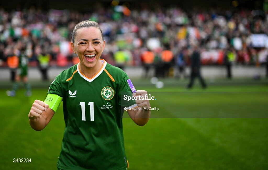 18 April 2026; Katie McCabe of Republic of Ireland celebrates after the 2027 FIFA Women’s World Cup Qualifier match between Republic of Ireland and Poland at the Aviva Stadium in Dublin. Photo by Stephen McCarthy/Sportsfile