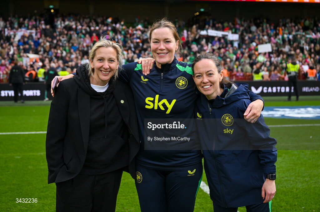 18 April 2026; Republic of Ireland coaches, from left, head coach Carla Ward, goalkeeping coach Emma Byrne and assistant coach Amber Whiteley after the 2027 FIFA Women’s World Cup Qualifier match between Republic of Ireland and Poland at the Aviva Stadium in Dublin. Photo by Stephen McCarthy/Sportsfile