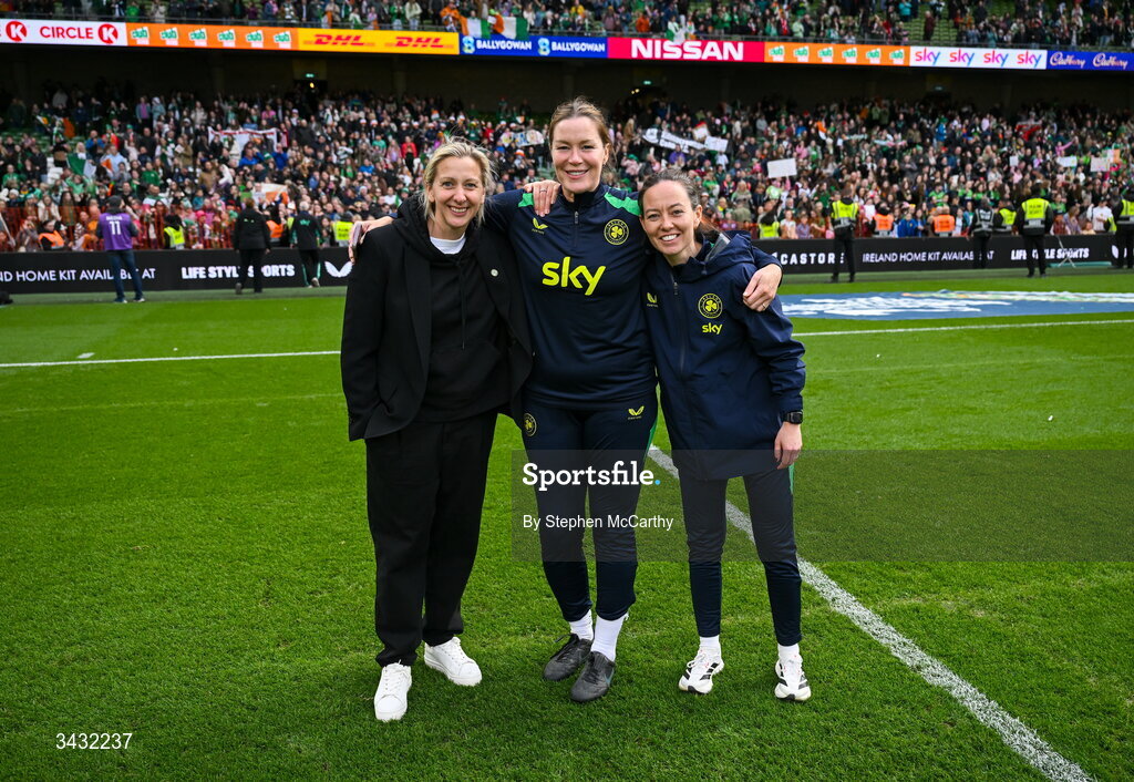18 April 2026; Republic of Ireland coaches, from left, head coach Carla Ward, goalkeeping coach Emma Byrne and assistant coach Amber Whiteley after the 2027 FIFA Women’s World Cup Qualifier match between Republic of Ireland and Poland at the Aviva Stadium in Dublin. Photo by Stephen McCarthy/Sportsfile
