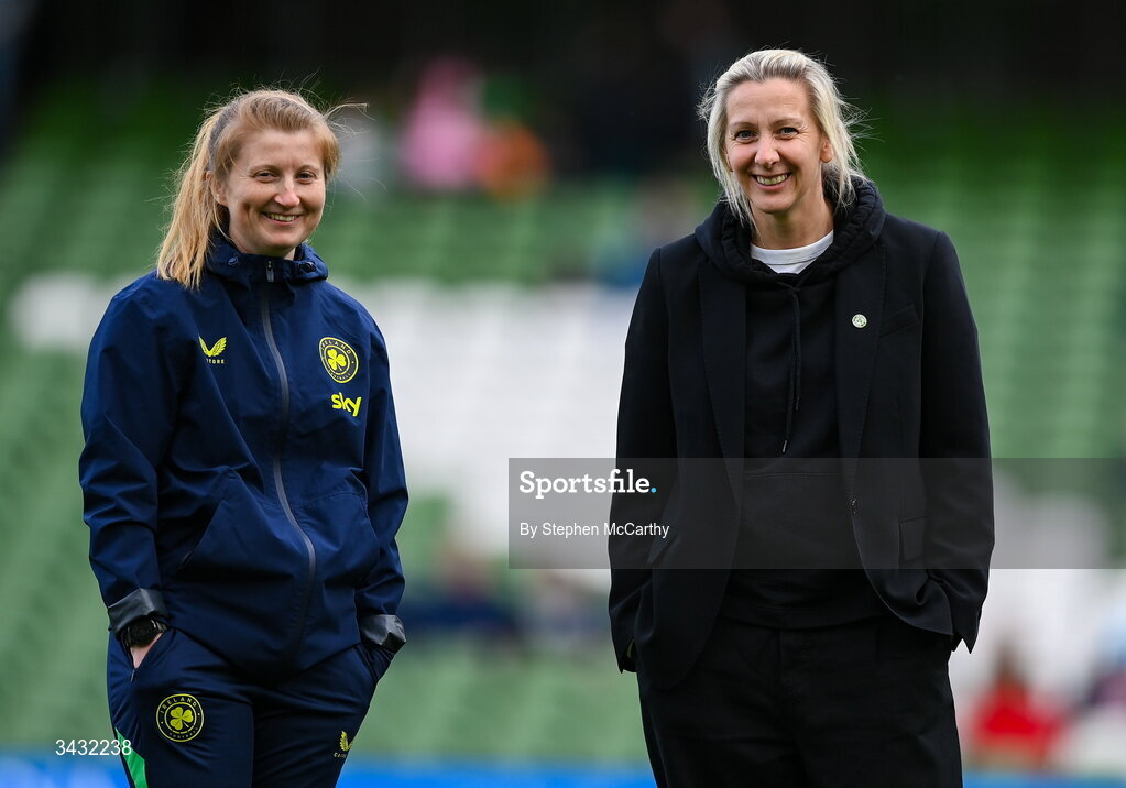 18 April 2026; Republic of Ireland head coach Carla Ward and performance coach Holly Pickett, left, during the 2027 FIFA Women’s World Cup Qualifier match between Republic of Ireland and Poland at the Aviva Stadium in Dublin. Photo by Stephen McCarthy/Sportsfile