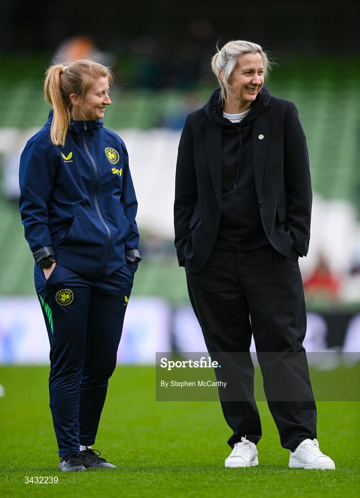 18 April 2026; Republic of Ireland head coach Carla Ward and performance coach Holly Pickett, left, during the 2027 FIFA Women’s World Cup Qualifier match between Republic of Ireland and Poland at the Aviva Stadium in Dublin. Photo by Stephen McCarthy/Sportsfile
