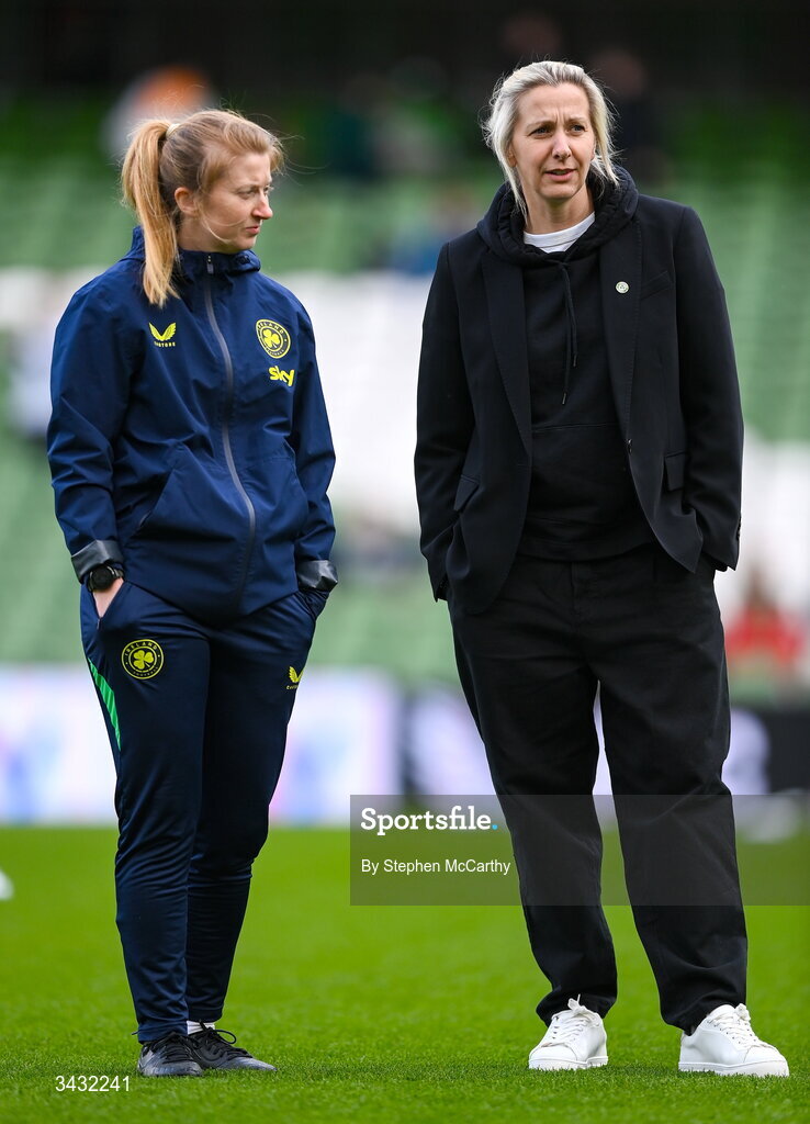 18 April 2026; Republic of Ireland head coach Carla Ward and performance coach Holly Pickett, left, during the 2027 FIFA Women’s World Cup Qualifier match between Republic of Ireland and Poland at the Aviva Stadium in Dublin. Photo by Stephen McCarthy/Sportsfile