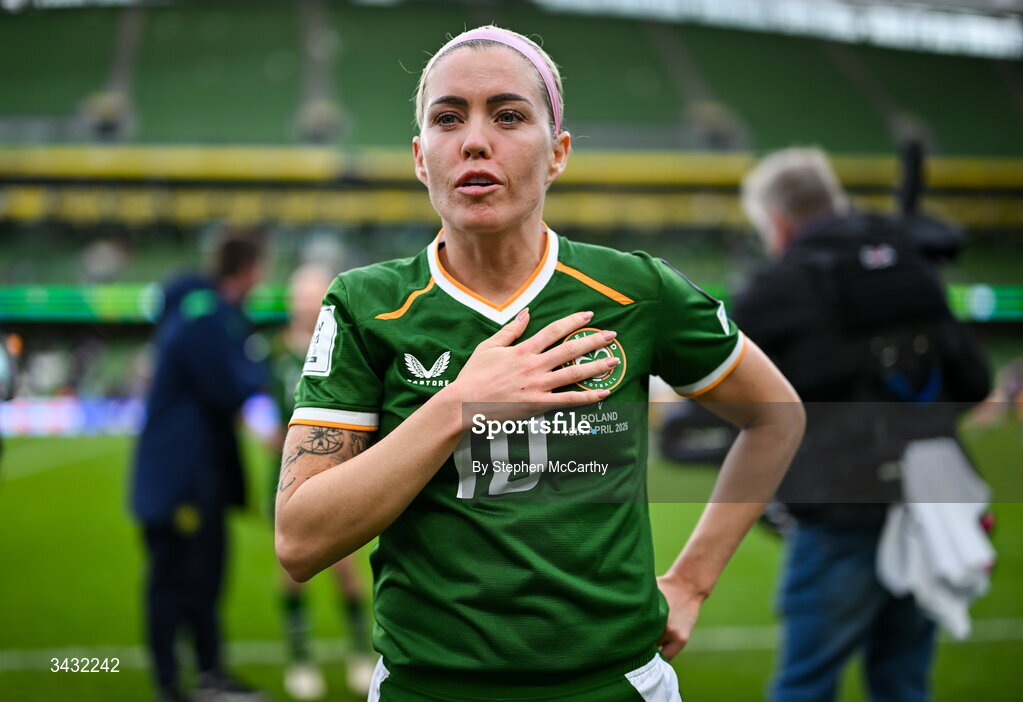 18 April 2026; Denise O’Sullivan of Republic of Ireland after the 2027 FIFA Women’s World Cup Qualifier match between Republic of Ireland and Poland at the Aviva Stadium in Dublin. Photo by Stephen McCarthy/Sportsfile