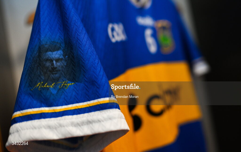 19 April 2026; The face Michael Hogan on the sleeve of a jersey in the Tipperary dressingroom before the Munster GAA Senior Hurling Championship Round 1 match between Tipperary and Cork at FBD Semple Stadium in Thurles, Tipperary. Photo by Brendan Moran/Sportsfile