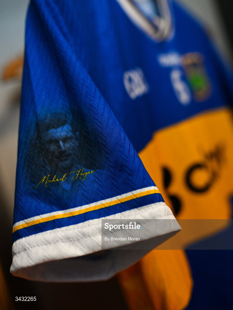 19 April 2026; The face Michael Hogan on the sleeve of a jersey in the Tipperary dressingroom before the Munster GAA Senior Hurling Championship Round 1 match between Tipperary and Cork at FBD Semple Stadium in Thurles, Tipperary. Photo by Brendan Moran/Sportsfile