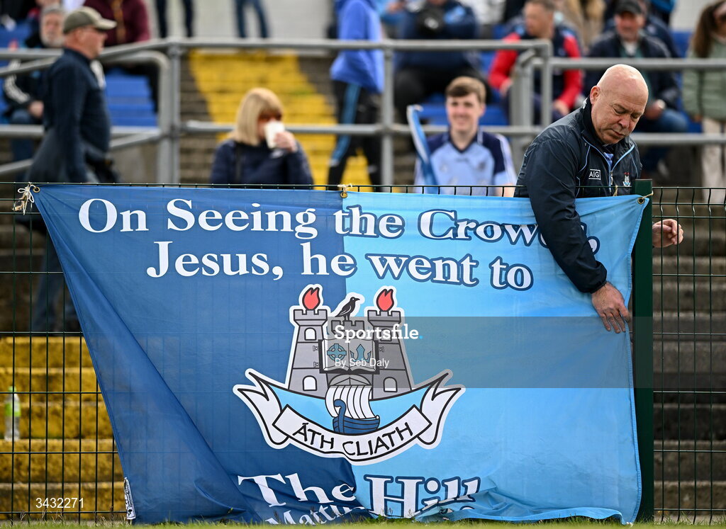19 April 2026; Dublin supporters Adrian Kavanagh, from Portmarnock, Dublin, sets up his flag before the Leinster GAA Football Senior Championship quarter-final match between Wicklow and Dublin at Echelon Park in Aughrim in Wicklow. Photo by Seb Daly/Sportsfile