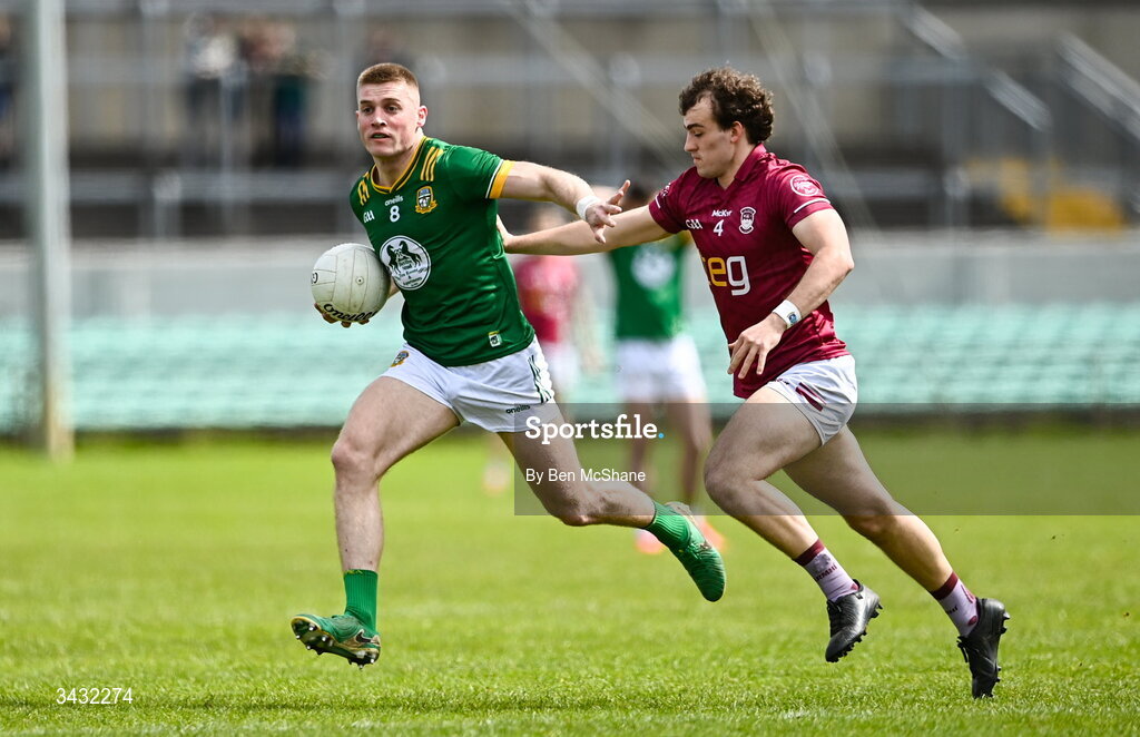 19 April 2026; Jack Flynn of Meath in action against Tadhg Baker of Westmeath during the Leinster GAA Football Senior Championship quarter-final match between Meath and Westmeath at Glenisk O'Connor Park in Tullamore, Offaly. Photo by Ben McShane/Sportsfile