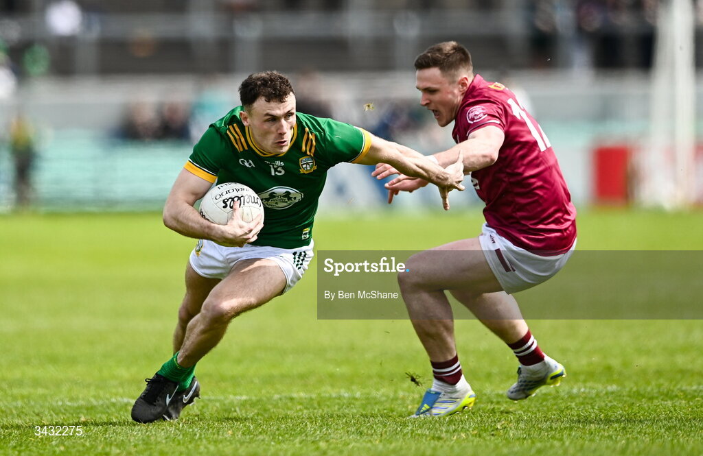 19 April 2026; Jordan Morris of Meath in action against Conor Dillon of Westmeath during the Leinster GAA Football Senior Championship quarter-final match between Meath and Westmeath at Glenisk O'Connor Park in Tullamore, Offaly. Photo by Ben McShane/Sportsfile