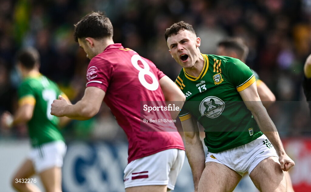 19 April 2026; Jordan Morris of Meath celebrates a score toward Brían Cooney of Westmeath during the Leinster GAA Football Senior Championship quarter-final match between Meath and Westmeath at Glenisk O'Connor Park in Tullamore, Offaly. Photo by Ben McShane/Sportsfile