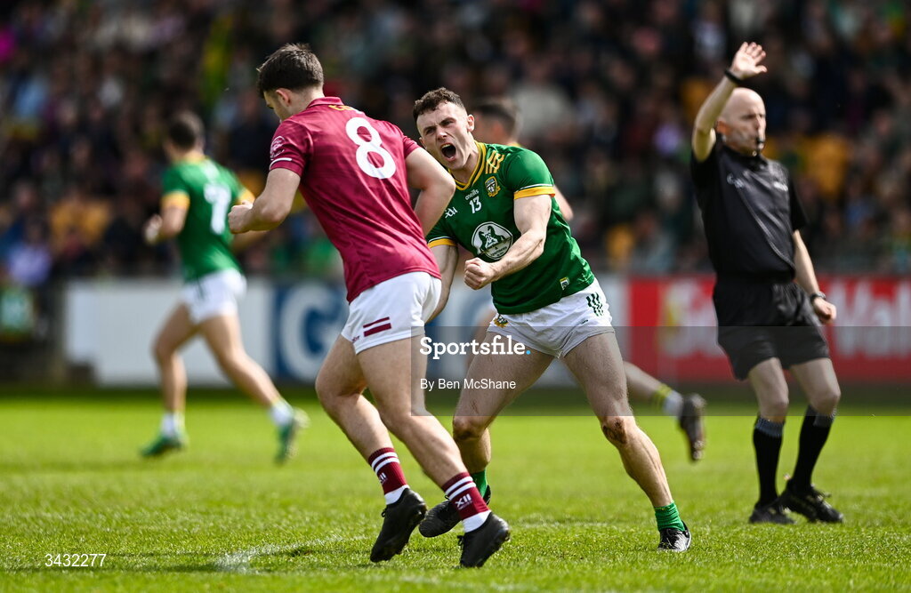 19 April 2026; Jordan Morris of Meath celebrates a score toward Brían Cooney of Westmeath during the Leinster GAA Football Senior Championship quarter-final match between Meath and Westmeath at Glenisk O'Connor Park in Tullamore, Offaly. Photo by Ben McShane/Sportsfile