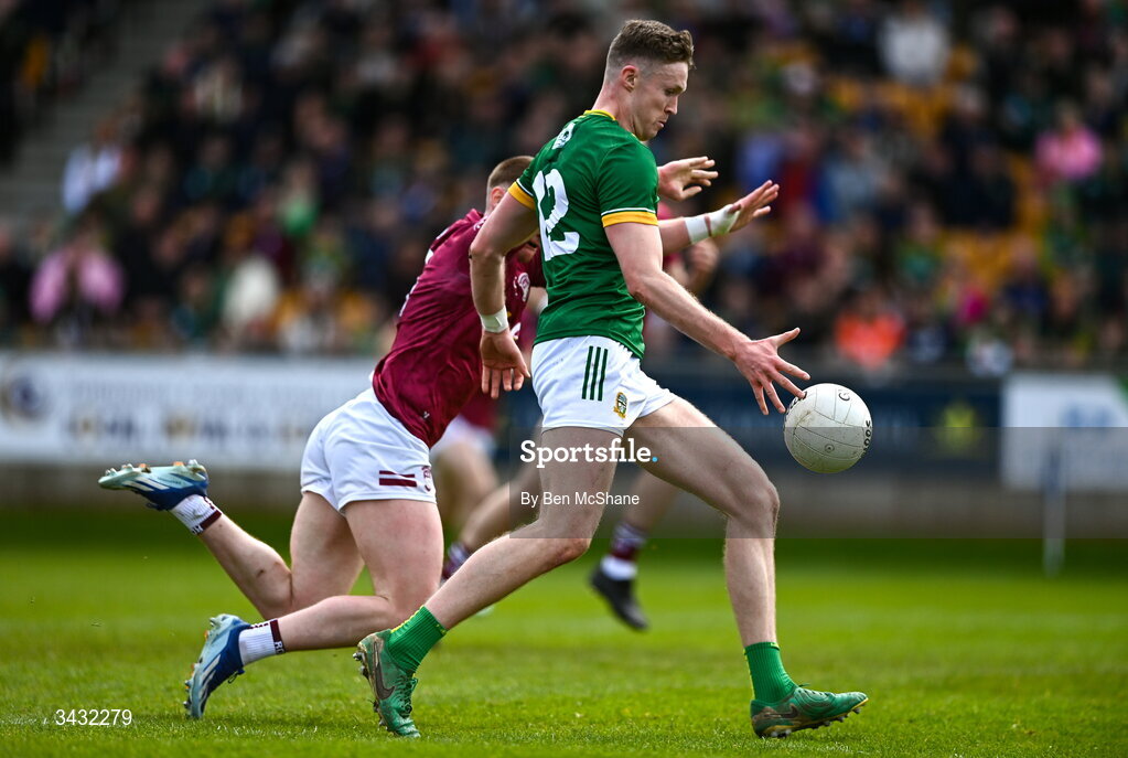 19 April 2026; Cian McBride of Meath in action against Shane Allen of Westmeath during the Leinster GAA Football Senior Championship quarter-final match between Meath and Westmeath at Glenisk O'Connor Park in Tullamore, Offaly. Photo by Ben McShane/Sportsfile