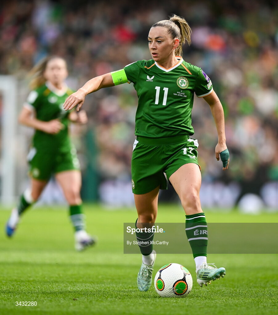 18 April 2026; Katie McCabe of Republic of Ireland during the 2027 FIFA Women’s World Cup Qualifier match between Republic of Ireland and Poland at the Aviva Stadium in Dublin. Photo by Stephen McCarthy/Sportsfile