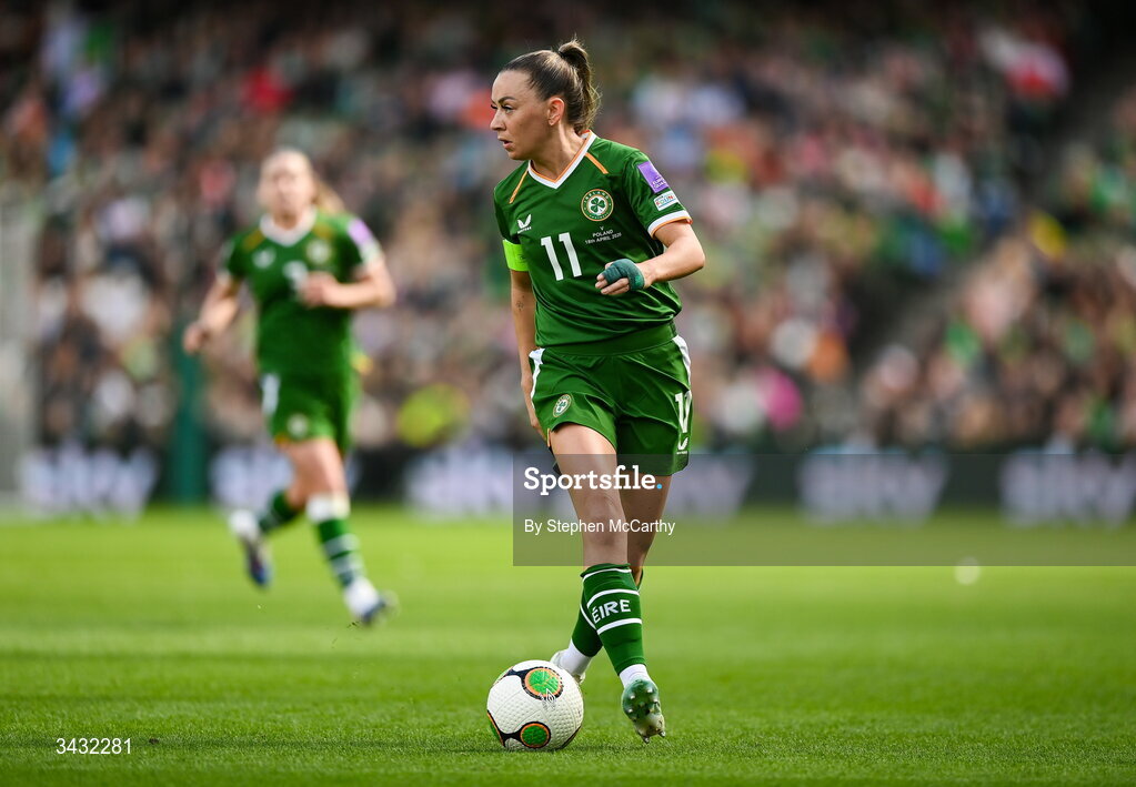 18 April 2026; Katie McCabe of Republic of Ireland during the 2027 FIFA Women’s World Cup Qualifier match between Republic of Ireland and Poland at the Aviva Stadium in Dublin. Photo by Stephen McCarthy/Sportsfile