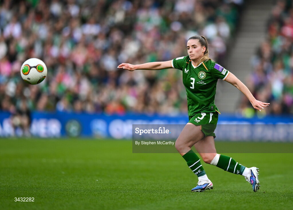 18 April 2026; Chloe Mustaki of Republic of Ireland during the 2027 FIFA Women’s World Cup Qualifier match between Republic of Ireland and Poland at the Aviva Stadium in Dublin. Photo by Stephen McCarthy/Sportsfile