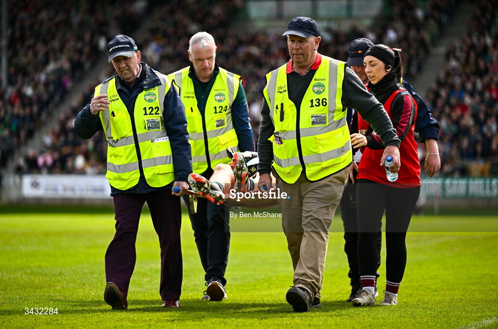 19 April 2026; Westmeath goalkeeper Jack Connaughton is stretchered from the pitch after sustaining an injury during the Leinster GAA Football Senior Championship quarter-final match between Meath and Westmeath at Glenisk O'Connor Park in Tullamore, Offaly. Photo by Ben McShane/Sportsfile
