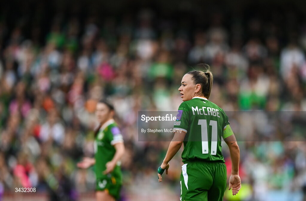 18 April 2026; Katie McCabe of Republic of Ireland during the 2027 FIFA Women’s World Cup Qualifier match between Republic of Ireland and Poland at the Aviva Stadium in Dublin. Photo by Stephen McCarthy/Sportsfile
