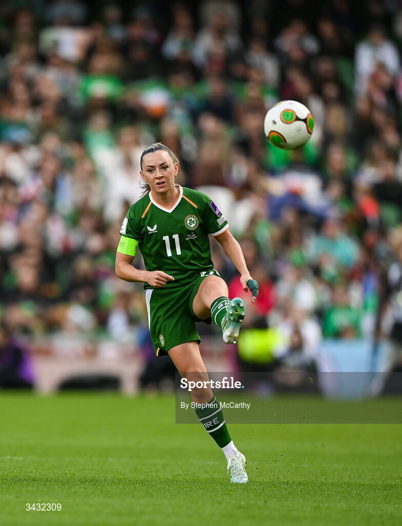 18 April 2026; Katie McCabe of Republic of Ireland during the 2027 FIFA Women’s World Cup Qualifier match between Republic of Ireland and Poland at the Aviva Stadium in Dublin. Photo by Stephen McCarthy/Sportsfile