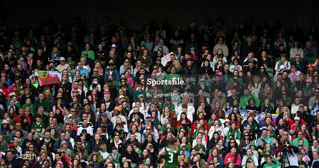 18 April 2026; Supporters during the 2027 FIFA Women’s World Cup Qualifier match between Republic of Ireland and Poland at the Aviva Stadium in Dublin. Photo by Stephen McCarthy/Sportsfile