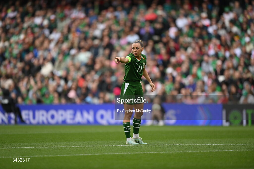 18 April 2026; Katie McCabe of Republic of Ireland during the 2027 FIFA Women’s World Cup Qualifier match between Republic of Ireland and Poland at the Aviva Stadium in Dublin. Photo by Stephen McCarthy/Sportsfile