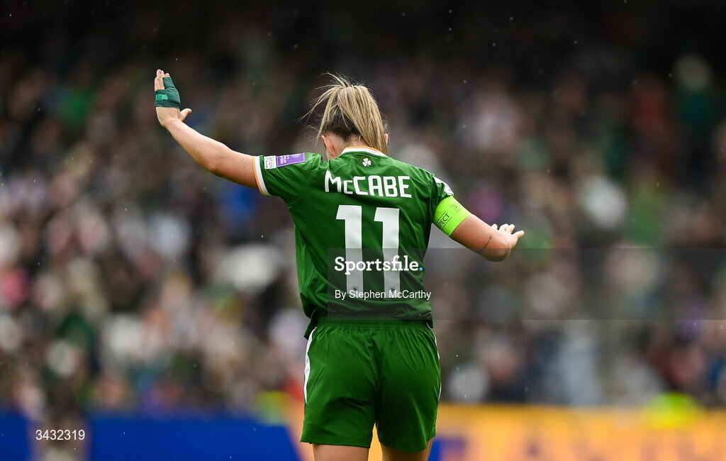 18 April 2026; Katie McCabe of Republic of Ireland during the 2027 FIFA Women’s World Cup Qualifier match between Republic of Ireland and Poland at the Aviva Stadium in Dublin. Photo by Stephen McCarthy/Sportsfile