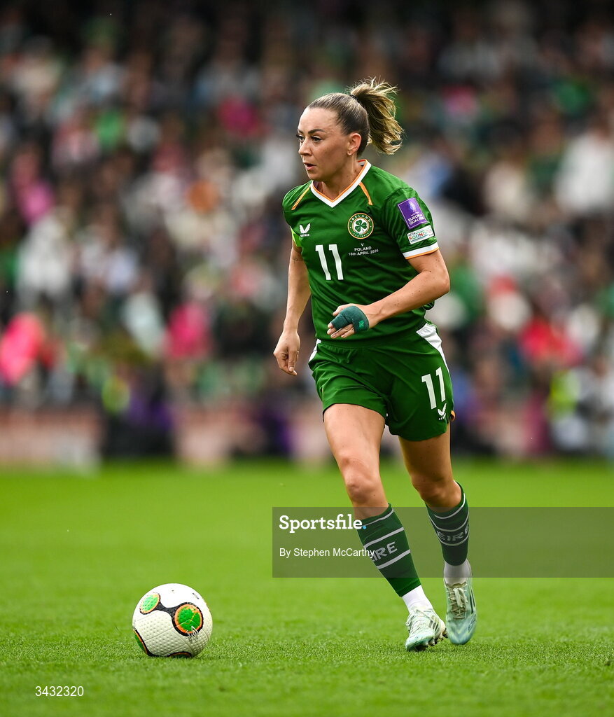 18 April 2026; Katie McCabe of Republic of Ireland during the 2027 FIFA Women’s World Cup Qualifier match between Republic of Ireland and Poland at the Aviva Stadium in Dublin. Photo by Stephen McCarthy/Sportsfile