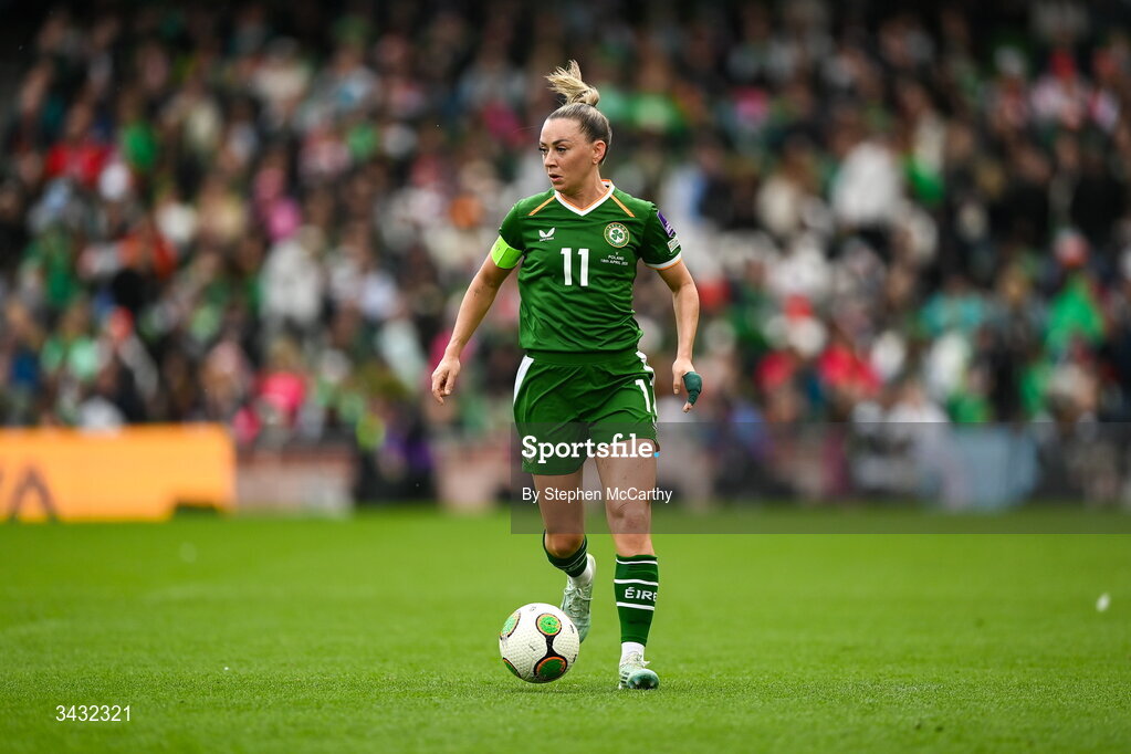 18 April 2026; Katie McCabe of Republic of Ireland during the 2027 FIFA Women’s World Cup Qualifier match between Republic of Ireland and Poland at the Aviva Stadium in Dublin. Photo by Stephen McCarthy/Sportsfile