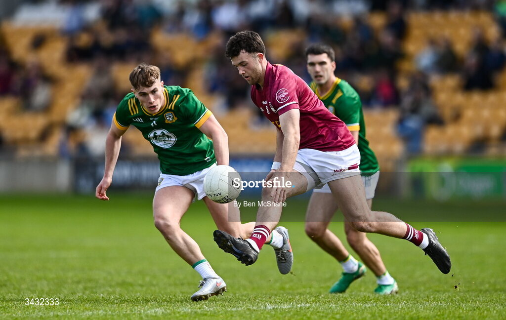 19 April 2026; Brían Cooney of Westmeath in action against Ruairí Kinsella of Meath during the Leinster GAA Football Senior Championship quarter-final match between Meath and Westmeath at Glenisk O'Connor Park in Tullamore, Offaly. Photo by Ben McShane/Sportsfile