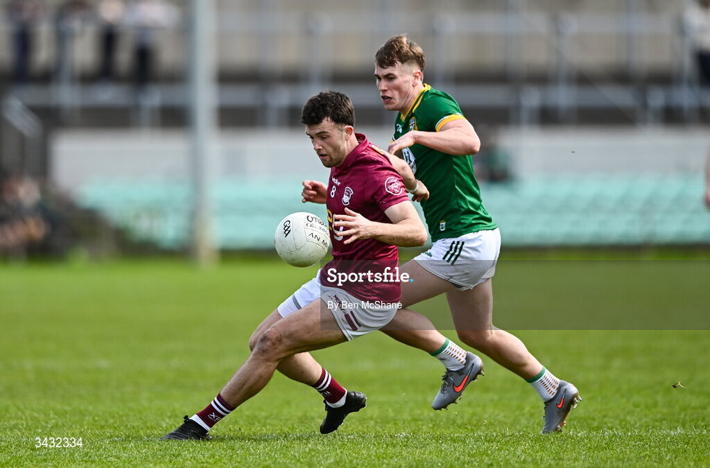 19 April 2026; Brían Cooney of Westmeath in action against Ruairí Kinsella of Meath during the Leinster GAA Football Senior Championship quarter-final match between Meath and Westmeath at Glenisk O'Connor Park in Tullamore, Offaly. Photo by Ben McShane/Sportsfile