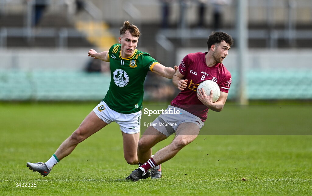19 April 2026; Brían Cooney of Westmeath in action against Ruairí Kinsella of Meath during the Leinster GAA Football Senior Championship quarter-final match between Meath and Westmeath at Glenisk O'Connor Park in Tullamore, Offaly. Photo by Ben McShane/Sportsfile
