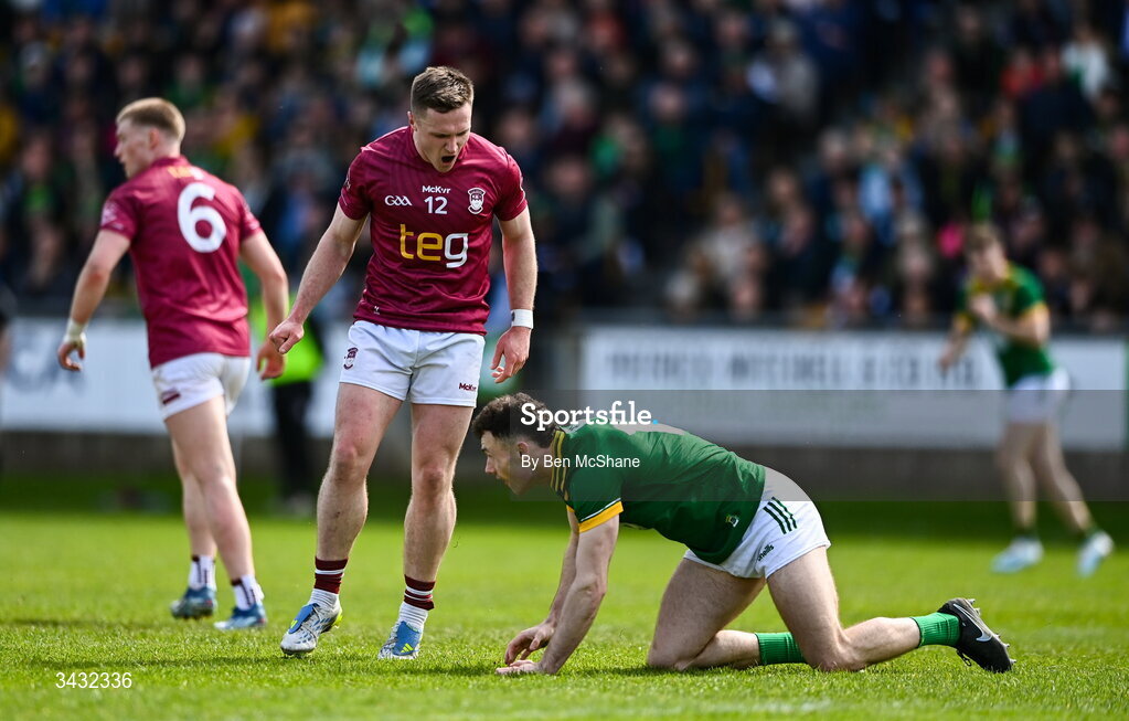 19 April 2026; Conor Dillon of Westmeath celebrates a turnover toward Jordan Morris of Meath during the Leinster GAA Football Senior Championship quarter-final match between Meath and Westmeath at Glenisk O'Connor Park in Tullamore, Offaly. Photo by Ben McShane/Sportsfile