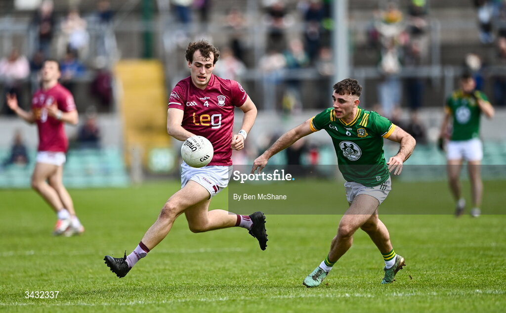 19 April 2026; Tadhg Baker of Westmeath in action against Seán Coffey of Meath during the Leinster GAA Football Senior Championship quarter-final match between Meath and Westmeath at Glenisk O'Connor Park in Tullamore, Offaly. Photo by Ben McShane/Sportsfile