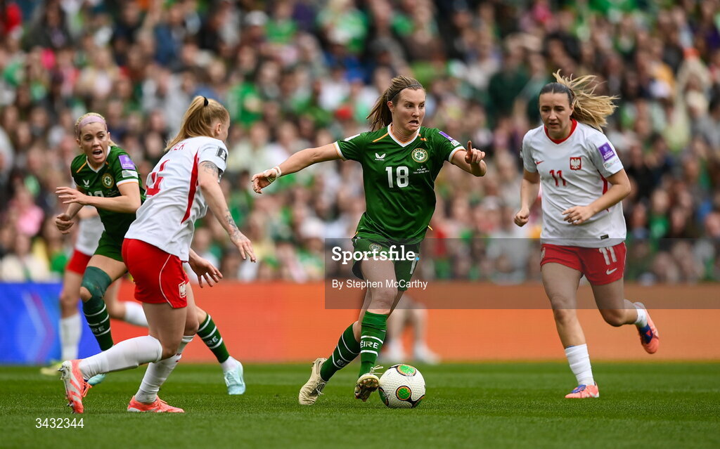 18 April 2026; Kyra Carusa of Republic of Ireland during the 2027 FIFA Women’s World Cup Qualifier match between Republic of Ireland and Poland at the Aviva Stadium in Dublin. Photo by Stephen McCarthy/Sportsfile