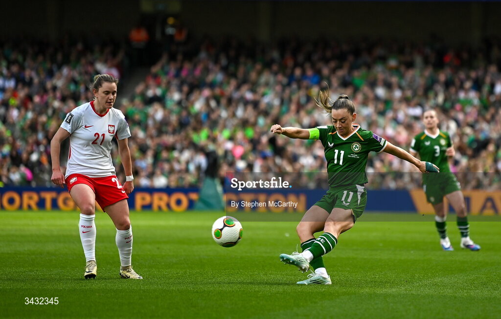 18 April 2026; Katie McCabe of Republic of Ireland in action against Paulina Tomasiak of Poland during the 2027 FIFA Women’s World Cup Qualifier match between Republic of Ireland and Poland at the Aviva Stadium in Dublin. Photo by Stephen McCarthy/Sportsfile