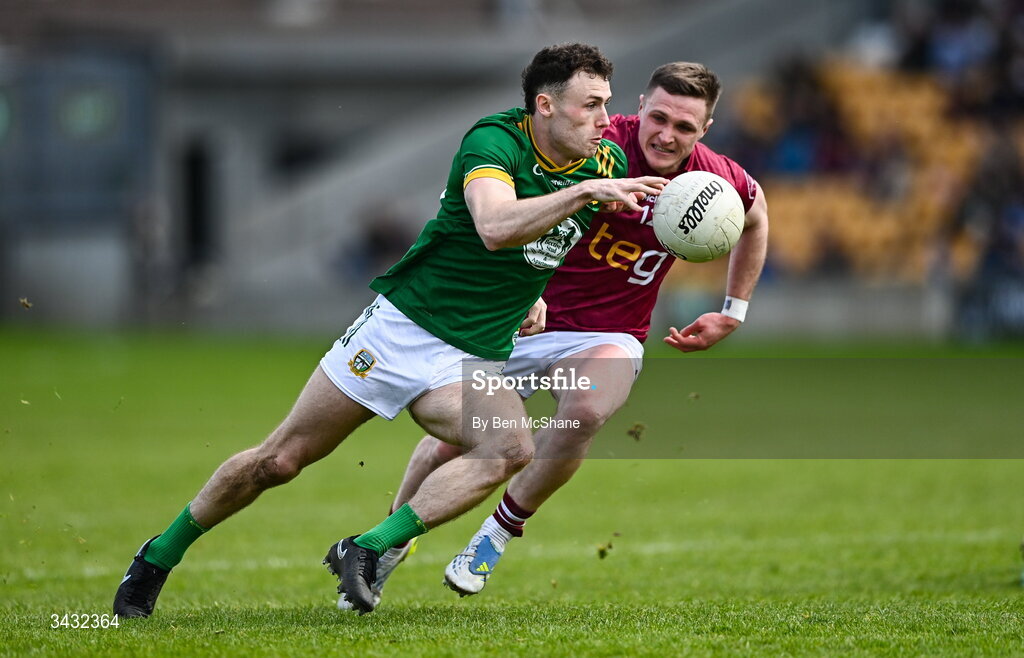 19 April 2026; Jordan Morris of Meath in action against Conor Dillon of Westmeath during the Leinster GAA Football Senior Championship quarter-final match between Meath and Westmeath at Glenisk O'Connor Park in Tullamore, Offaly. Photo by Ben McShane/Sportsfile