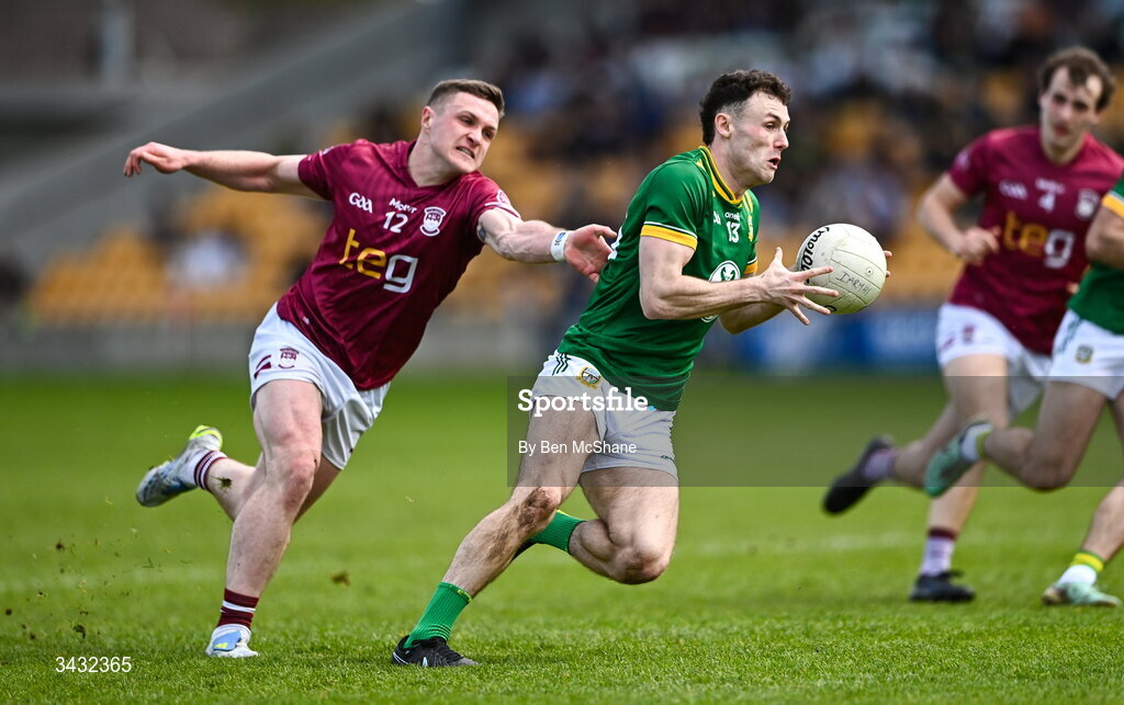 19 April 2026; Jordan Morris of Meath in action against Conor Dillon of Westmeath during the Leinster GAA Football Senior Championship quarter-final match between Meath and Westmeath at Glenisk O'Connor Park in Tullamore, Offaly. Photo by Ben McShane/Sportsfile