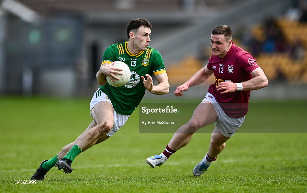 19 April 2026; Jordan Morris of Meath in action against Conor Dillon of Westmeath during the Leinster GAA Football Senior Championship quarter-final match between Meath and Westmeath at Glenisk O'Connor Park in Tullamore, Offaly. Photo by Ben McShane/Sportsfile