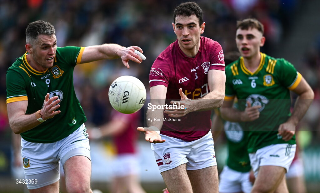 19 April 2026; Charlie Drumm of Westmeath in action against Bryan Menton of Meath during the Leinster GAA Football Senior Championship quarter-final match between Meath and Westmeath at Glenisk O'Connor Park in Tullamore, Offaly. Photo by Ben McShane/Sportsfile