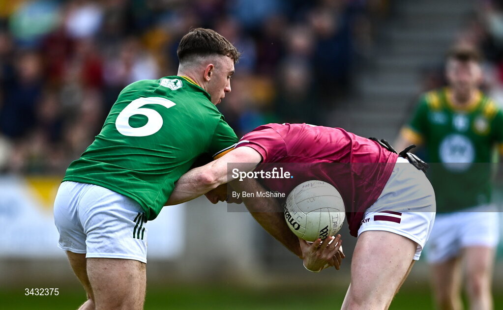 19 April 2026; Ray Connellan of Westmeath is tackled by Seán Coffey of Meath during the Leinster GAA Football Senior Championship quarter-final match between Meath and Westmeath at Glenisk O'Connor Park in Tullamore, Offaly. Photo by Ben McShane/Sportsfile